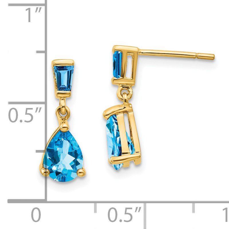 14k Pear/Baguette Blue Topaz Dangle Post Earrings