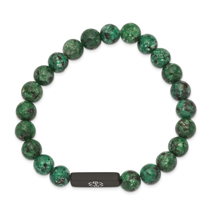 Stainless Steel Brushed Black IP-plated with White Enamel Medical ID 8.5mm Dyed Green Stone Beaded Stretch Bracelet