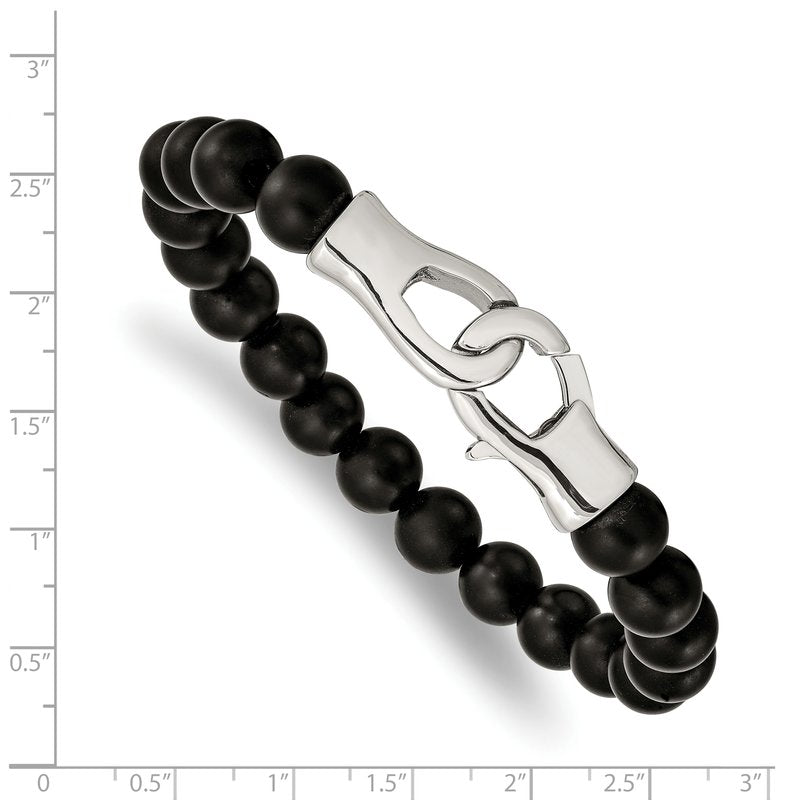 Stainless Steel Polished Black Agate Beaded 9 inch Bracelet