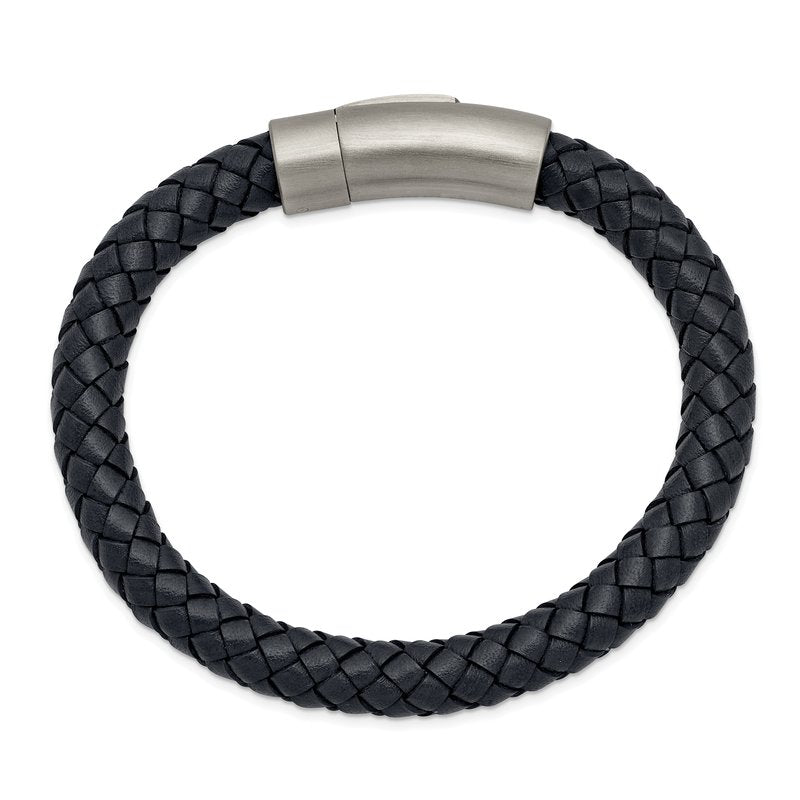 Stainless Steel Brushed Grey Braided Leather 8.25 inch Bracelet