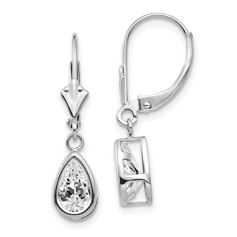 14k White Gold 8x5mm Pear Cubic Zirconia Bezel Leverback Dangle Earrings