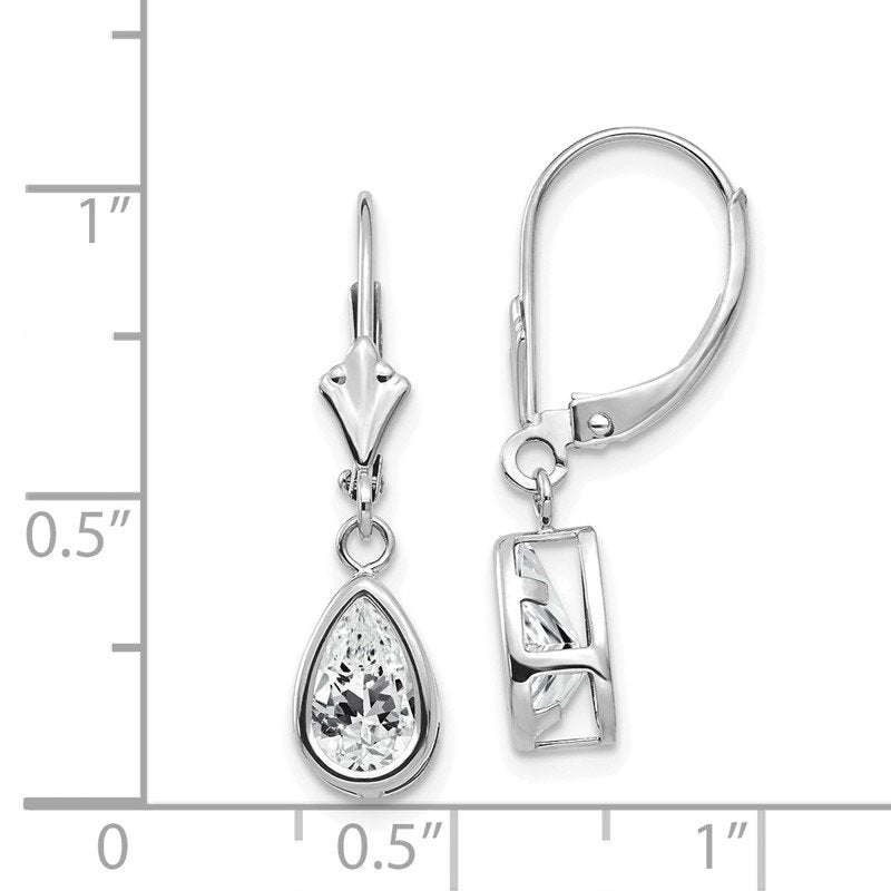 14k White Gold 8x5mm Pear Cubic Zirconia Bezel Leverback Dangle Earrings