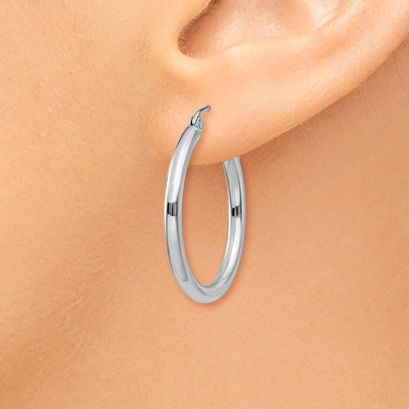 14K White Gold 2.5x25mm Polished Round Tube Hoop Earrings