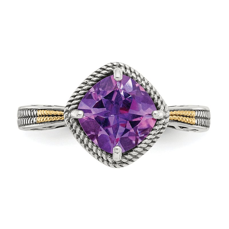 Sterling Silver with 14K Accent Antiqued Cushion Amethyst Ring