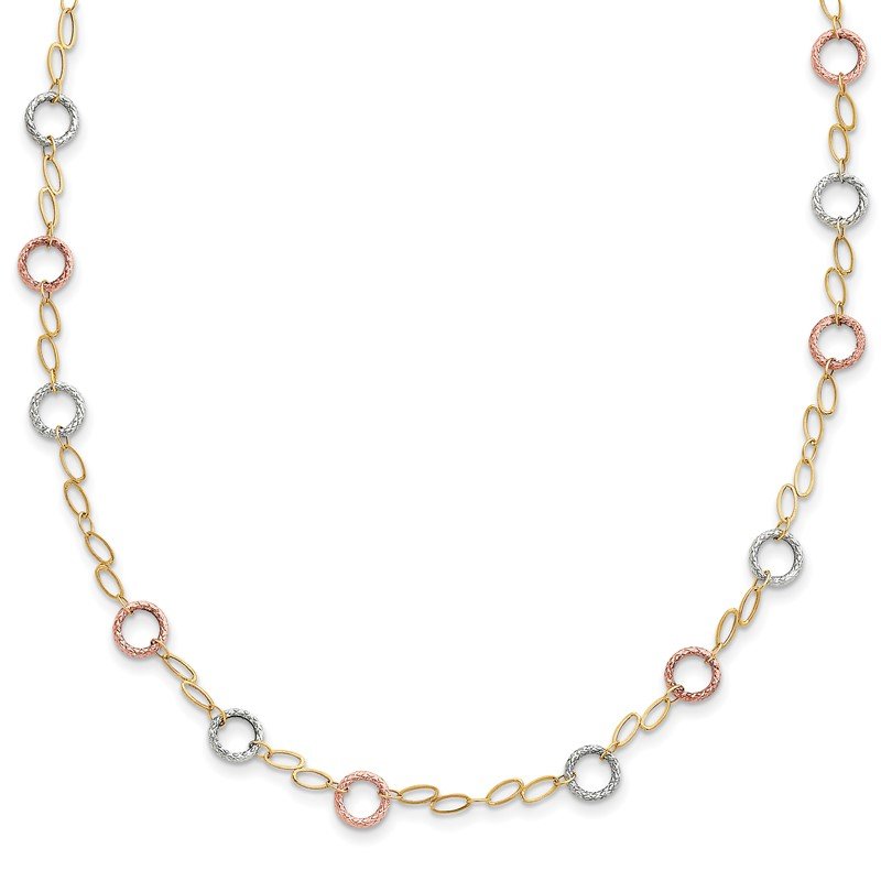 14k Tri-color Polished and Textured Round Circles and Ovals 18 inch Necklace