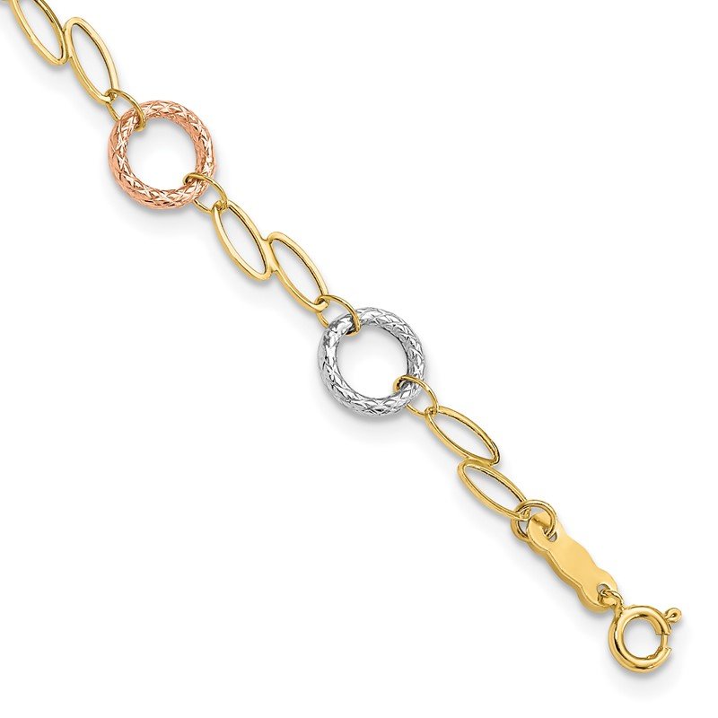 14k Tri-color Polished and Textured Round Circles and Ovals 18 inch Necklace