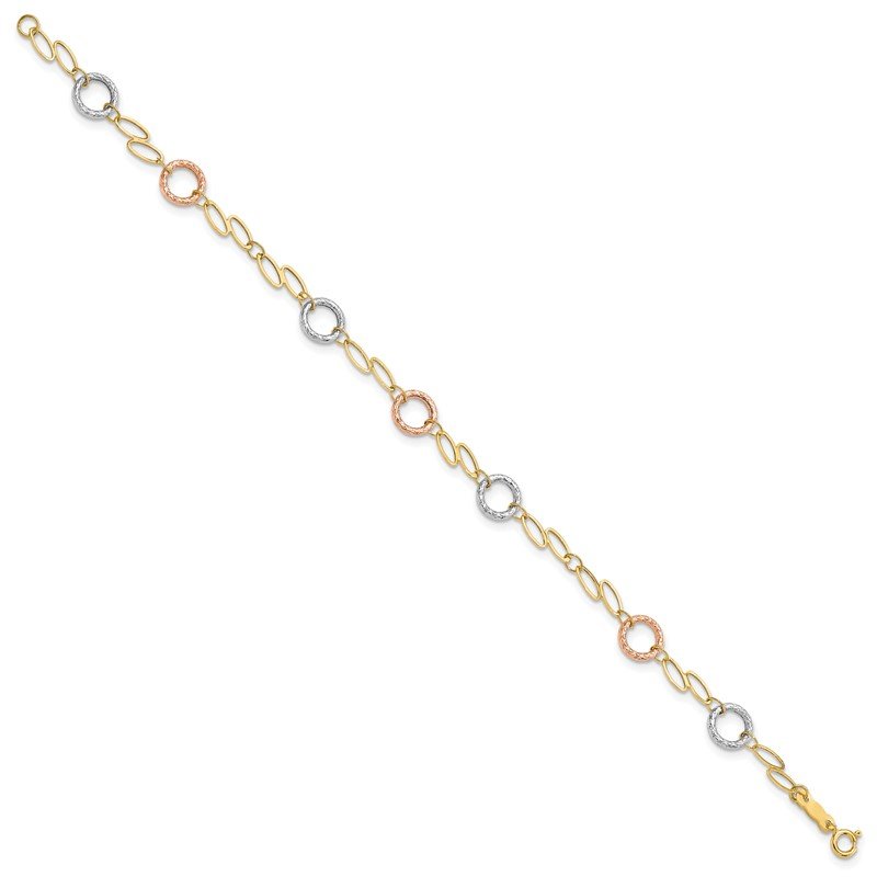 14k Tri-color Polished and Textured Round Circles and Ovals 18 inch Necklace