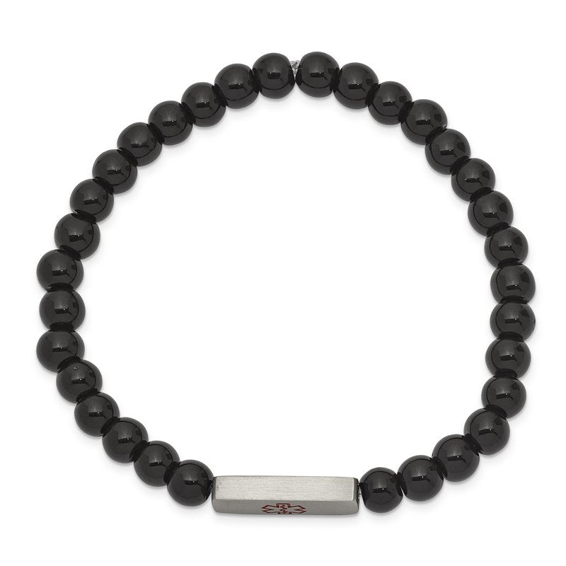 Stainless Steel Brushed with Red Enamel Medical ID 6mm Onyx Beaded Stretch Bracelet