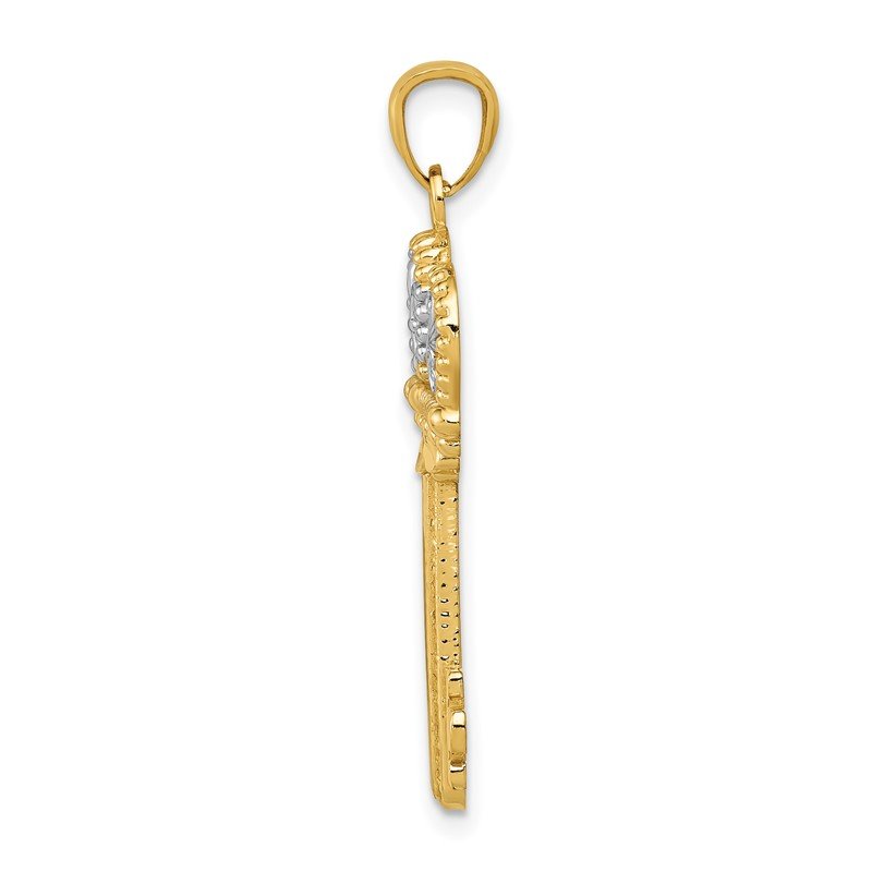 14K and White Rhodium Polished Fleur De Lis Crown Key Charm