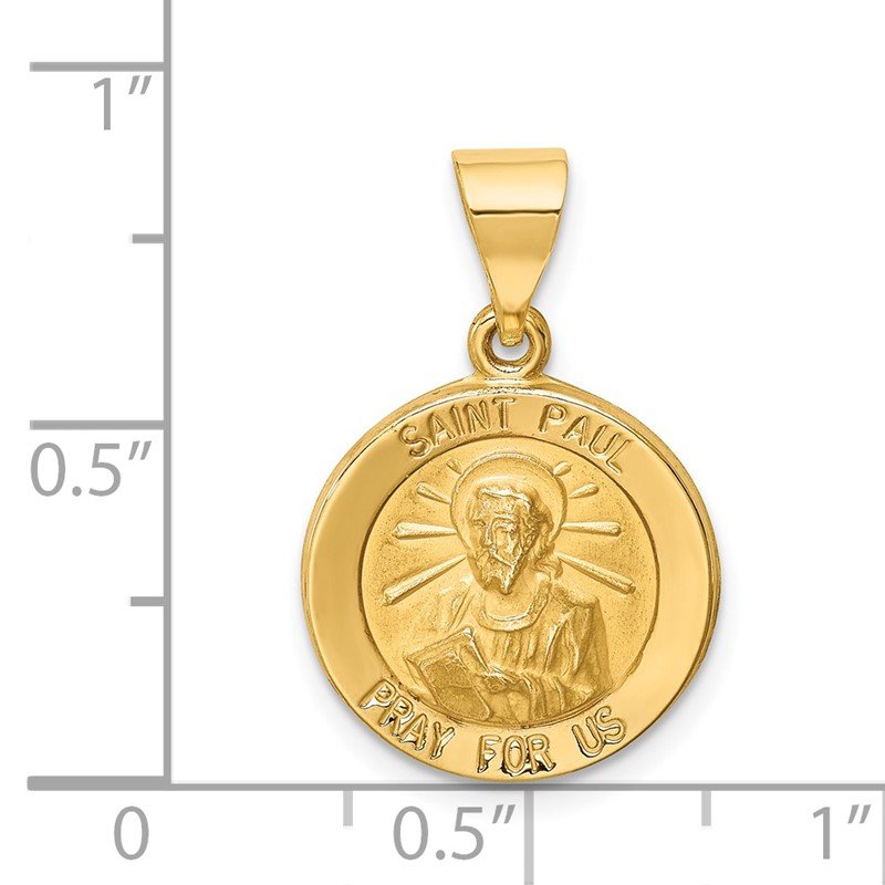 14k Polished and Satin Hollow St Paul Medal Round Pendant