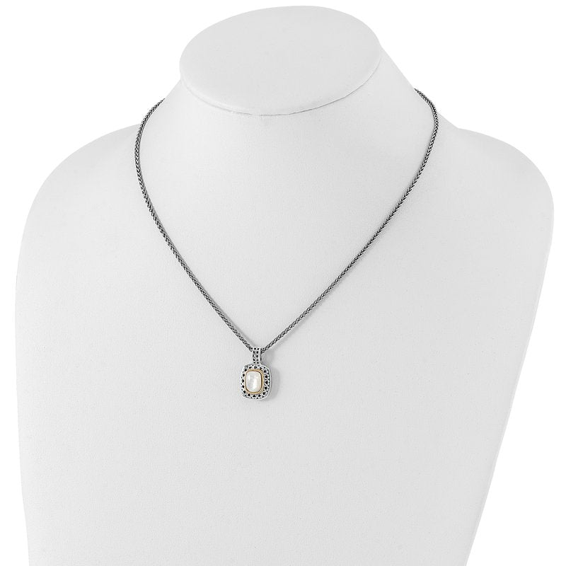 Sterling Silver with 14K Accent 18 Inch Antiqued Mother Of Pearl Necklace