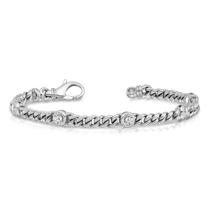 14k White Gold Complete 1 carat Round A Diamond Bezel Curb Link 7 inch Bracelet