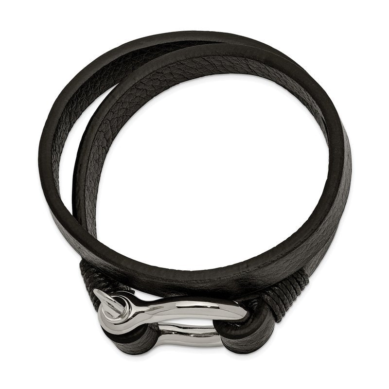 Stainless Steel Polished Shackle Textured Black Leather 16 inch Wrap Bracelet