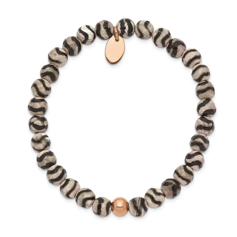 Stainless Steel Polished Rose IP-plated 6mm Black and White Striped Agate Beaded Stretch Bracelet