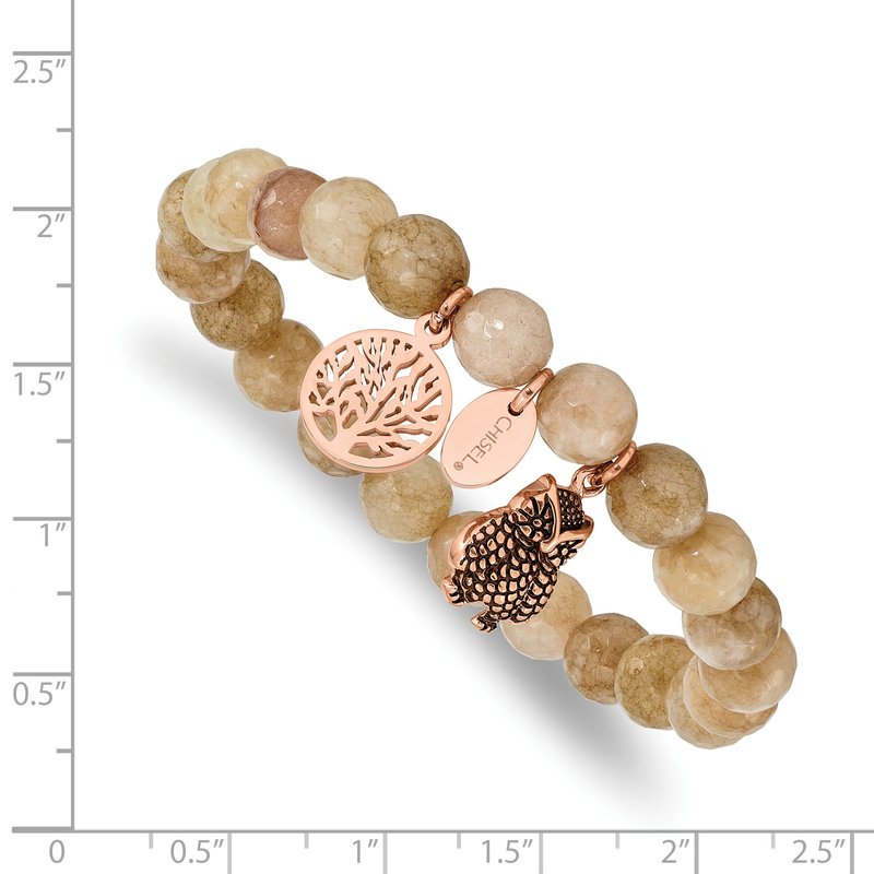 Stainless Steel Antiqued and Polished Rose IP-plated Owl and Tree of Life 8mm Taupe Dyed Jade Beaded Stretch Bracelet