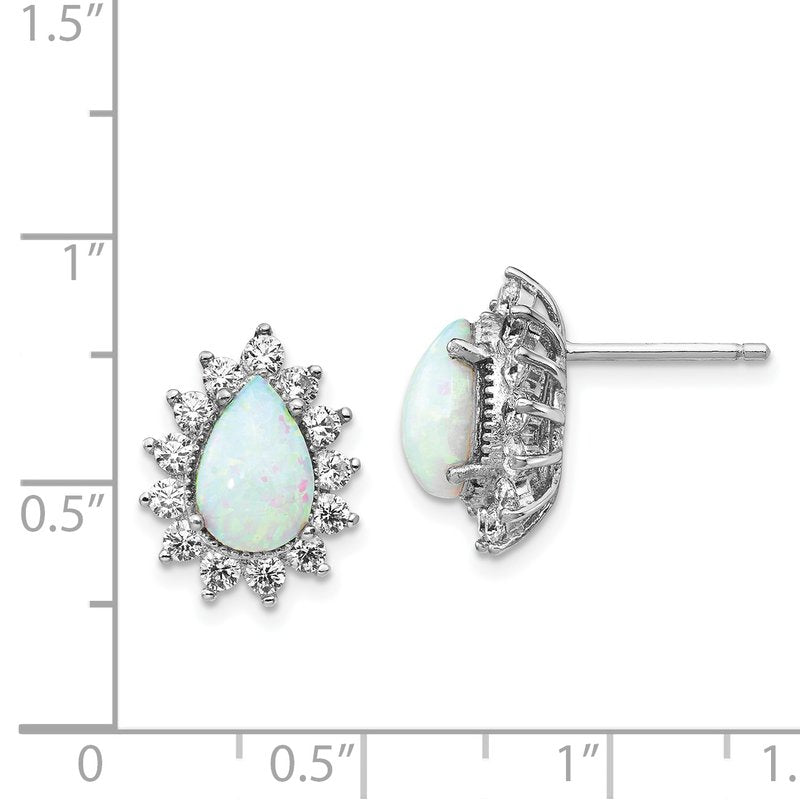 Sterling Silver Rhodium-plated Cabochon Lab Created Opal and Brilliant-cut CZ Teardrop Halo Post Earrings