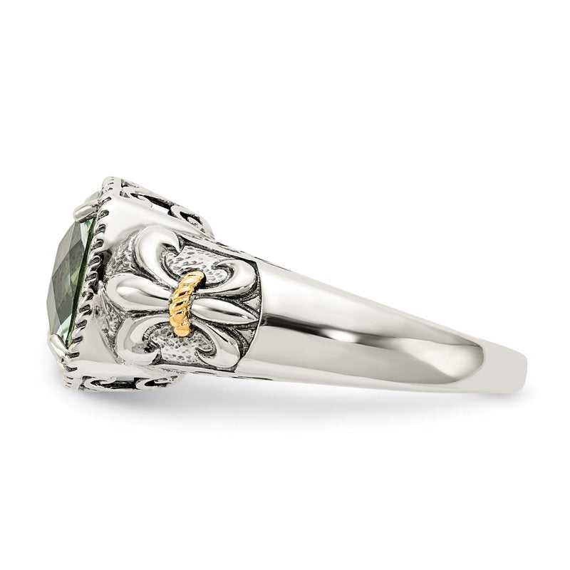 Sterling Silver with 14K Accent Antiqued Cushion Green Quartz Ring