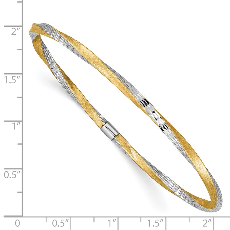 14k and White Rhodium Satin Finish Diamond-cut Twist 3.00mm Slip-on Round Bangle Bracelet