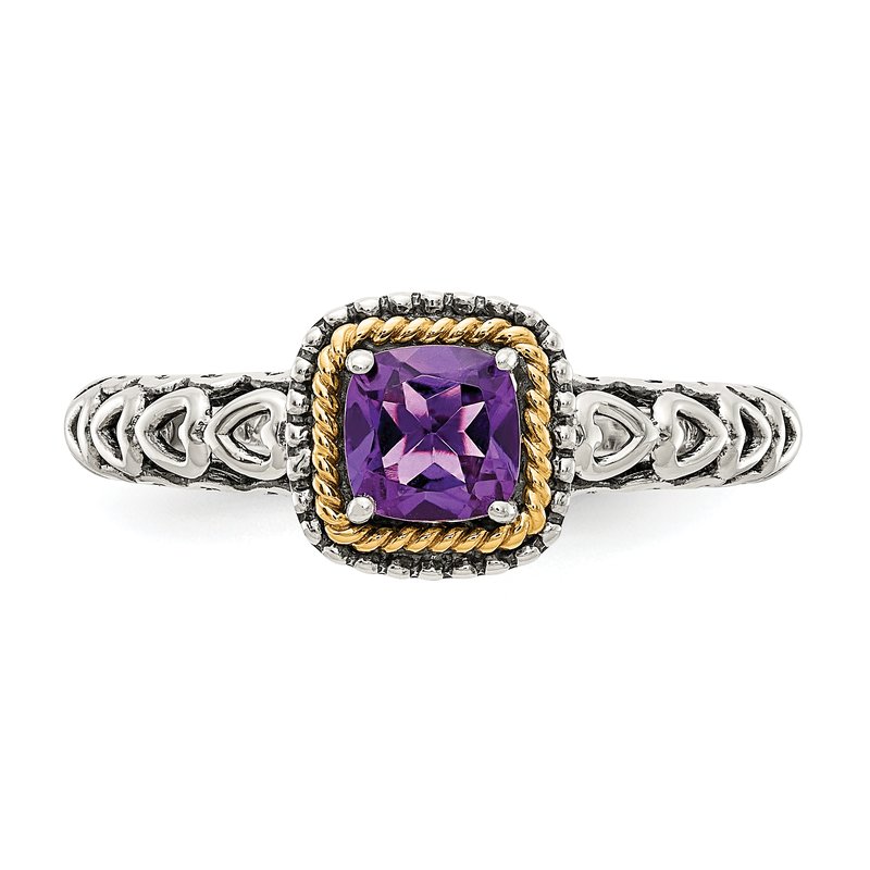 Sterling Silver with 14K Accent Antiqued Cushion Amethyst Ring