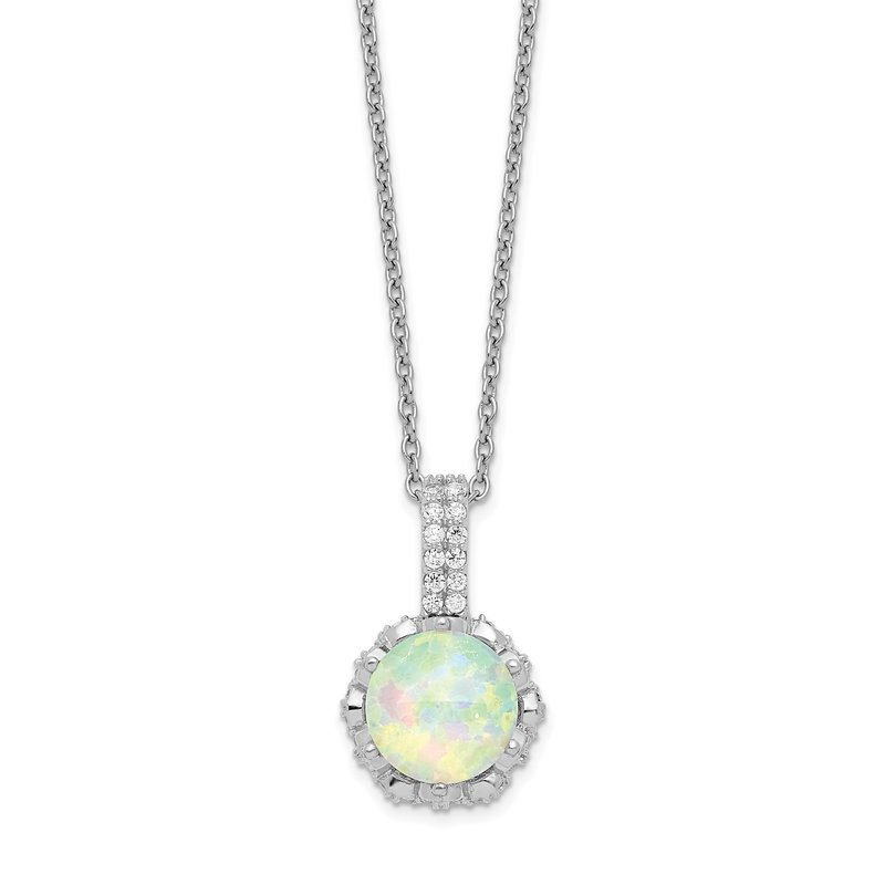 Sterling Silver Rhodium-plated Cabochon Lab Created Opal and Brilliant-cut CZ 18.5 Inch Necklace