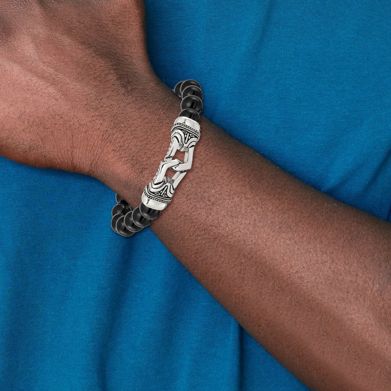 Stainless Steel Antiqued and Polished 10mm Black Agate Beaded Stretch Bracelet