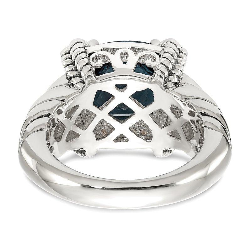 Sterling Silver with 14K Accent Antiqued London Blue Topaz and Diamond Ring