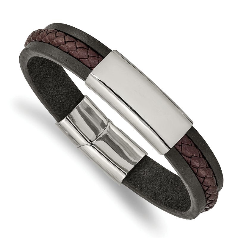 Stainless Steel Polished Black and Brown Braided Leather 8.25 inch ID Bracelet