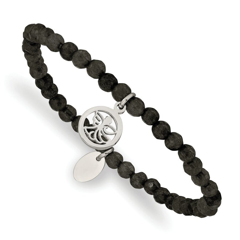 Stainless Steel Polished Angel 4mm Black Jade Beaded Stretch Bracelet