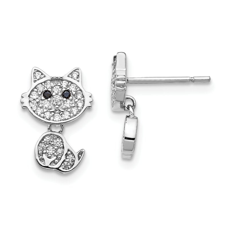 Sterling Silver Rhodium-plated Moveable Brilliant-cut Black and White CZ Cat Post Dangle Earrings