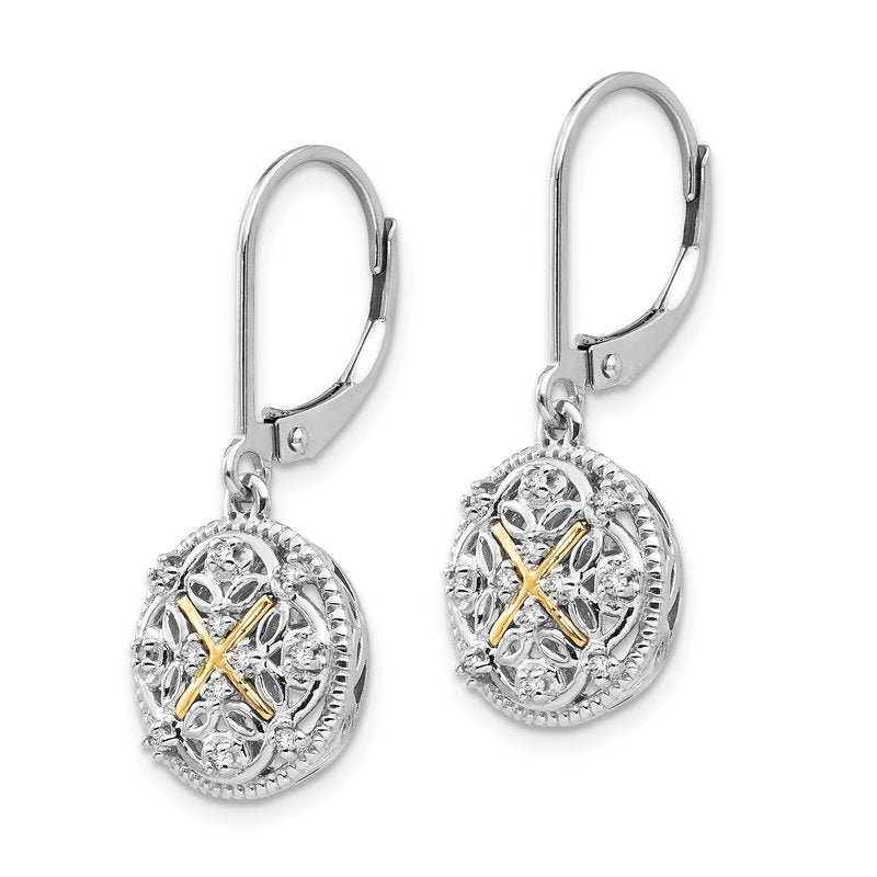 Sterling Silver Rhodium-plated with 14K Accent Diamond Leverback Dangle Vintage Earrings