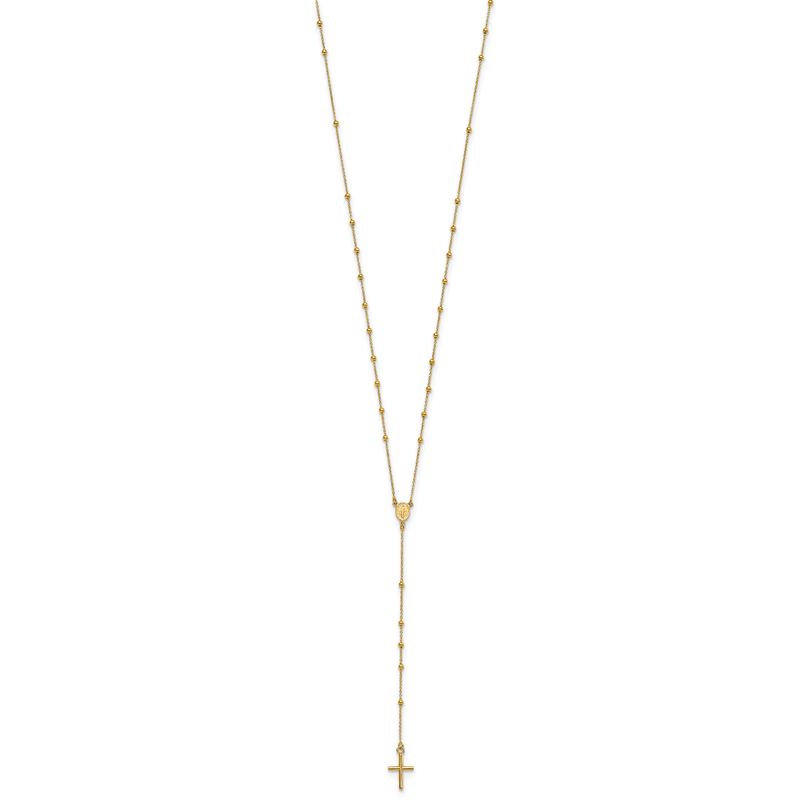 14k Polished Cross and Miraculous Medal Beaded 24 inch Rosary Necklace
