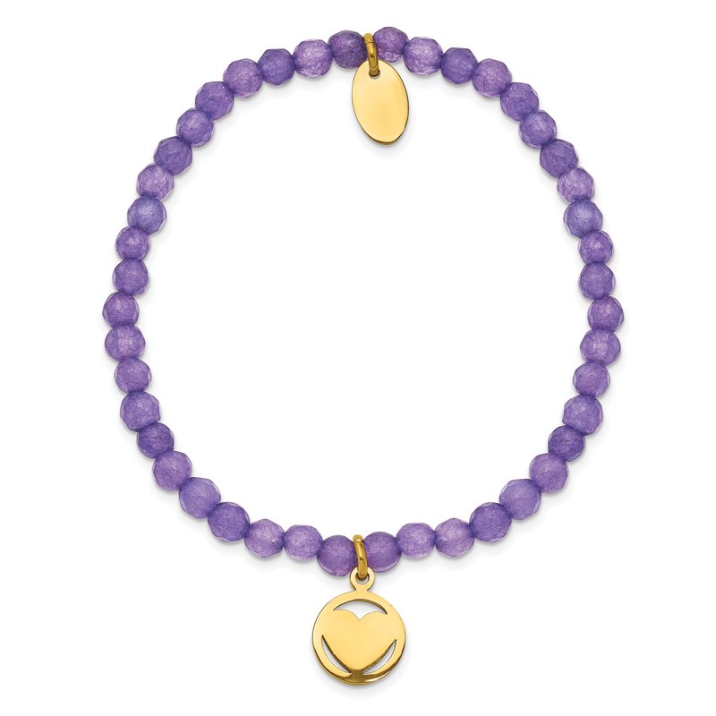 Stainless Steel Polished Yellow IP-plated Heart 4mm Light Purple Jade Beaded Stretch Bracelet