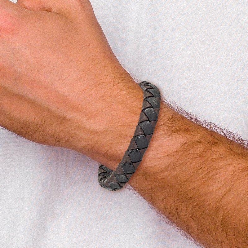 Stainless Steel Polished Black and Brown Textured Leather 8 inch Bracelet