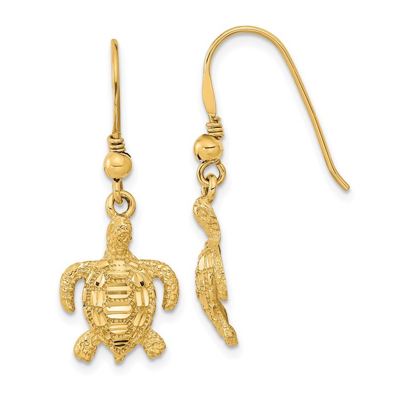 14k Polished &amp; Textured Diamond-cut Turtle Shepherd Hook Earrings