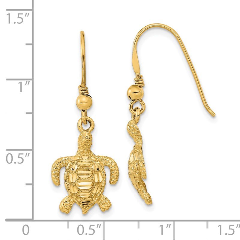 14k Polished &amp; Textured Diamond-cut Turtle Shepherd Hook Earrings