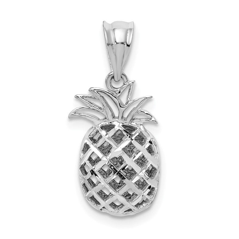 14K White Gold Polished and Diamond-cut 3-D Pineapple Pendant