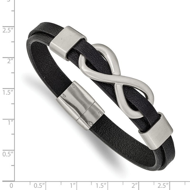 Stainless Steel Brushed and Polished Infinity Symbol Black Leather 8 inch Bracelet