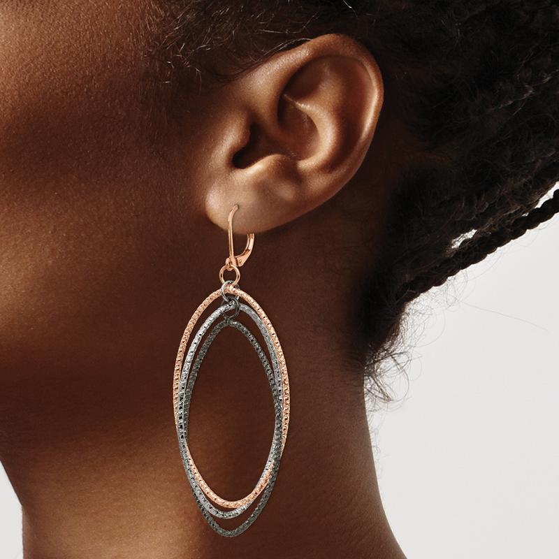 Stainless Steel Polished and Textured Gun and Rose IP-plated Dangle Leverback Earrings