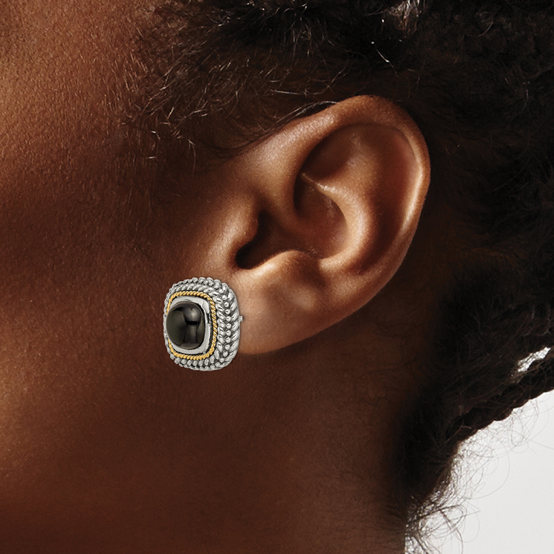 Sterling Silver with 14K Accent Antiqued Cabochon Black Onyx Post Earrings