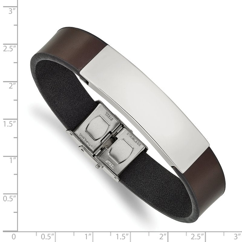 Stainless Steel Polished Brown Leather 8.25 inch ID Bracelet