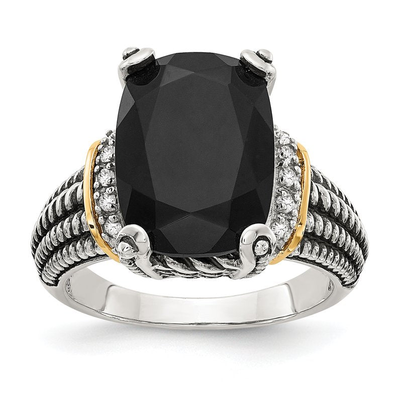 Sterling Silver with 14K Accent Antiqued Black Onyx and White Diamond Ring