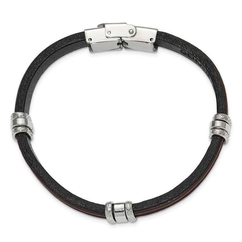 Stainless Steel Polished Black and Brown Leather 8.25 inch Bracelet