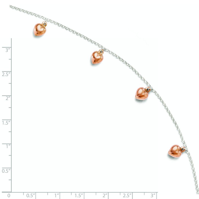 Sterling Silver Rose-tone 18K Flash-plated Hearts 9 inch Plus 1 inch Extender - Total 10 inch Anklet