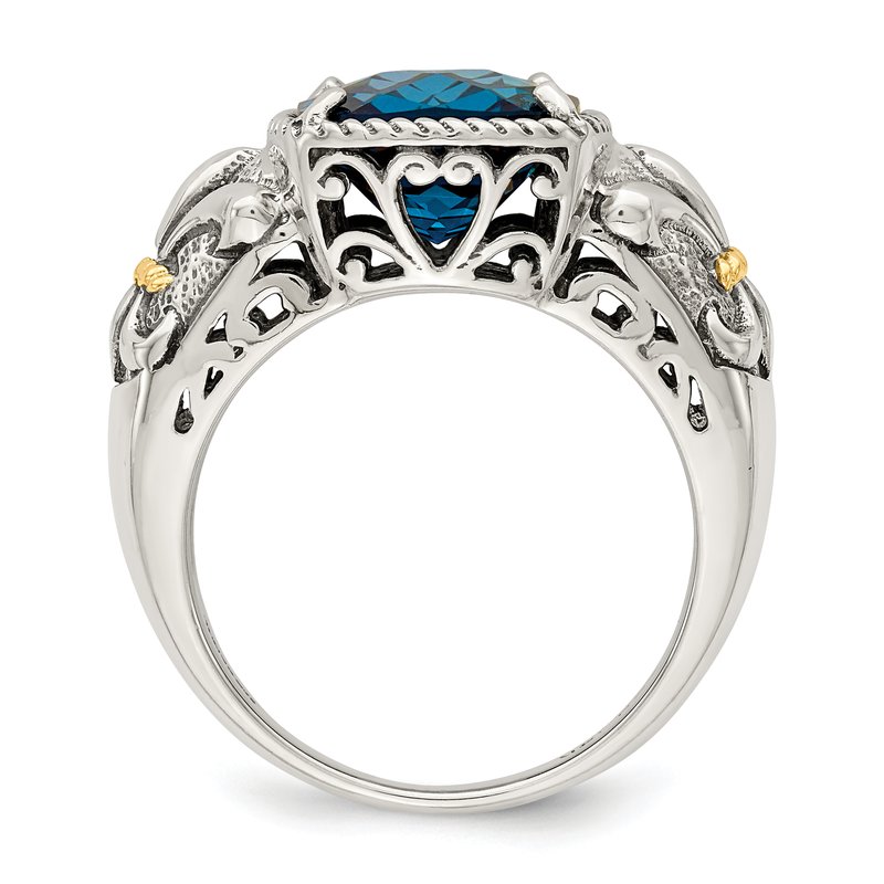 Sterling Silver with 14K Accent Antiqued Checkerboard Cushion London Blue Topaz Ring