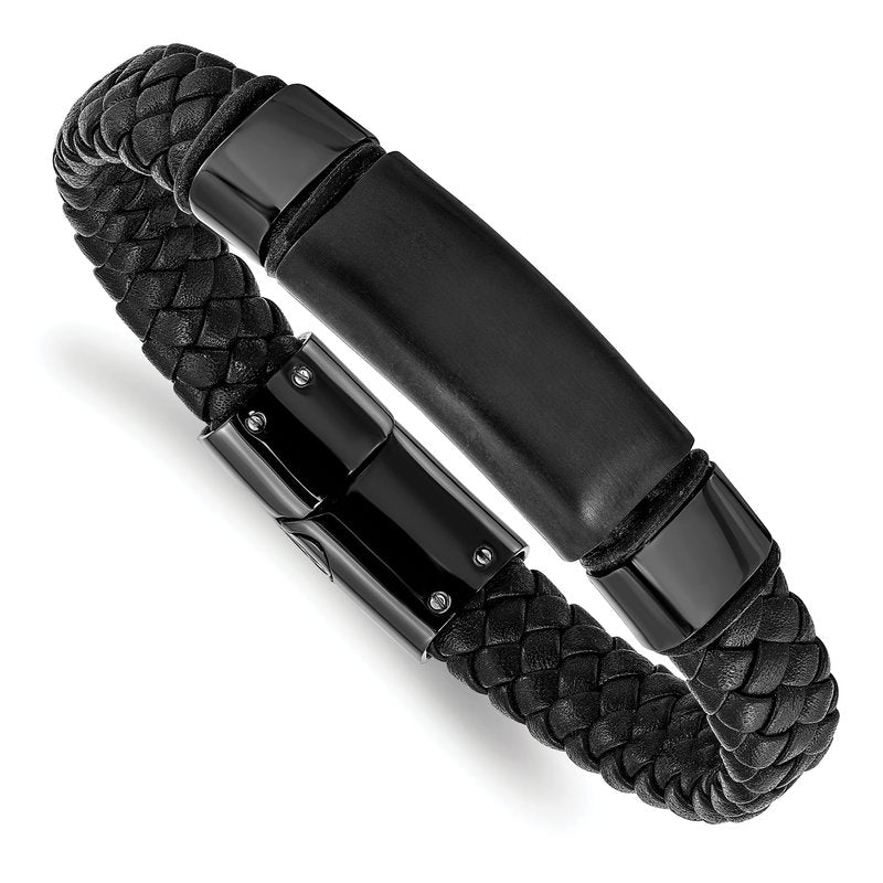 Stainless Steel Brushed and Polished Black IP-plated Braided Black Leather 8.25 inch Bracelet