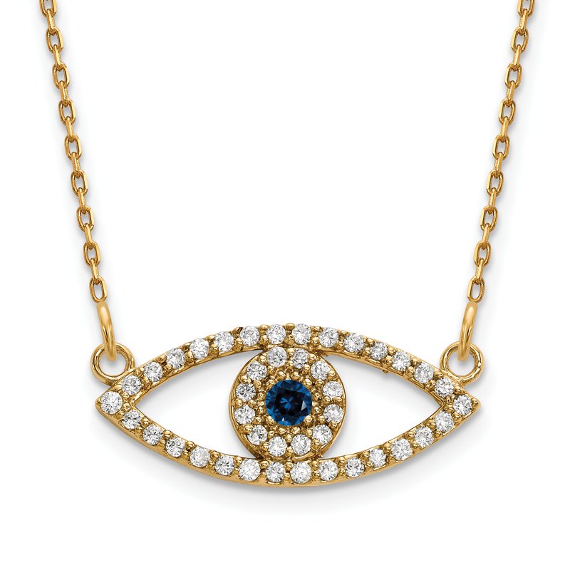14k Polished 1/6 carat Diamond and Sapphire Small Evil Eye 18 inch Necklace