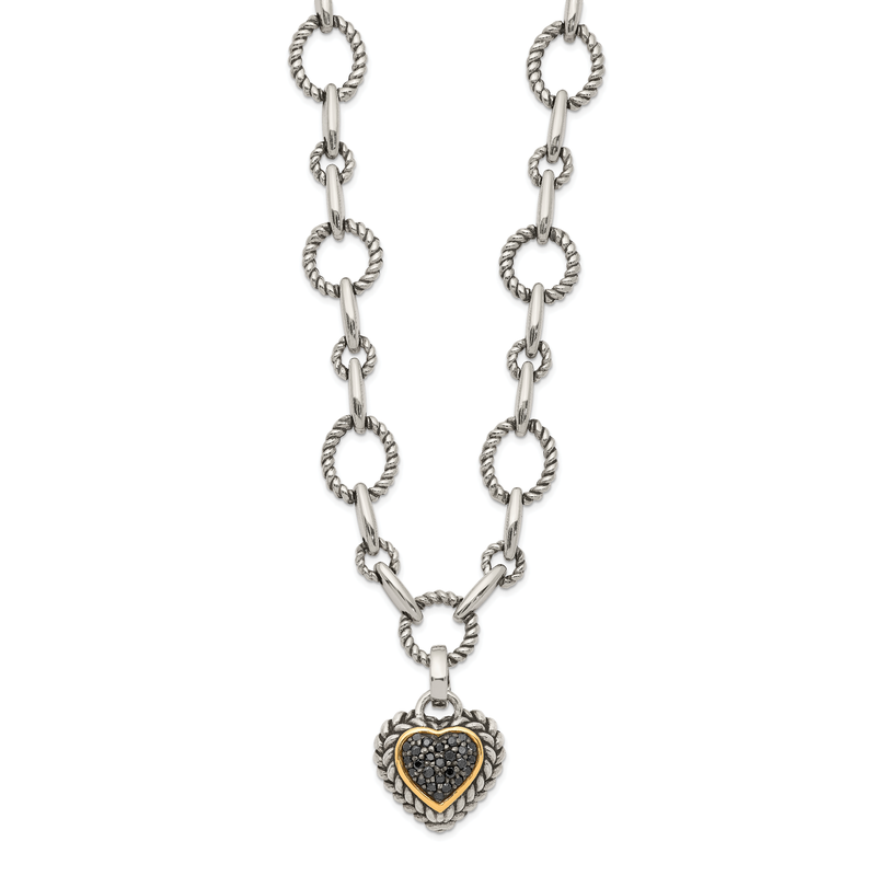 Sterling Silver with 14K Accent 17 Inch Antiqued Black Diamond Heart Drop Necklace