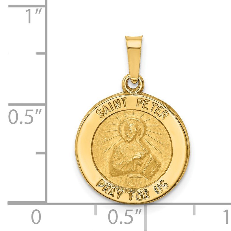 14k Polished and Satin Hollow Saint Peter Medal Round Pendant
