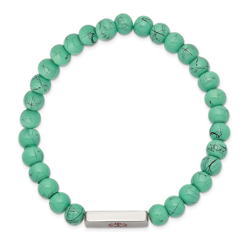 Stainless Steel Polished with Red Enamel Medical ID 6.5mm Turquoise Glass Beaded Stretch Bracelet