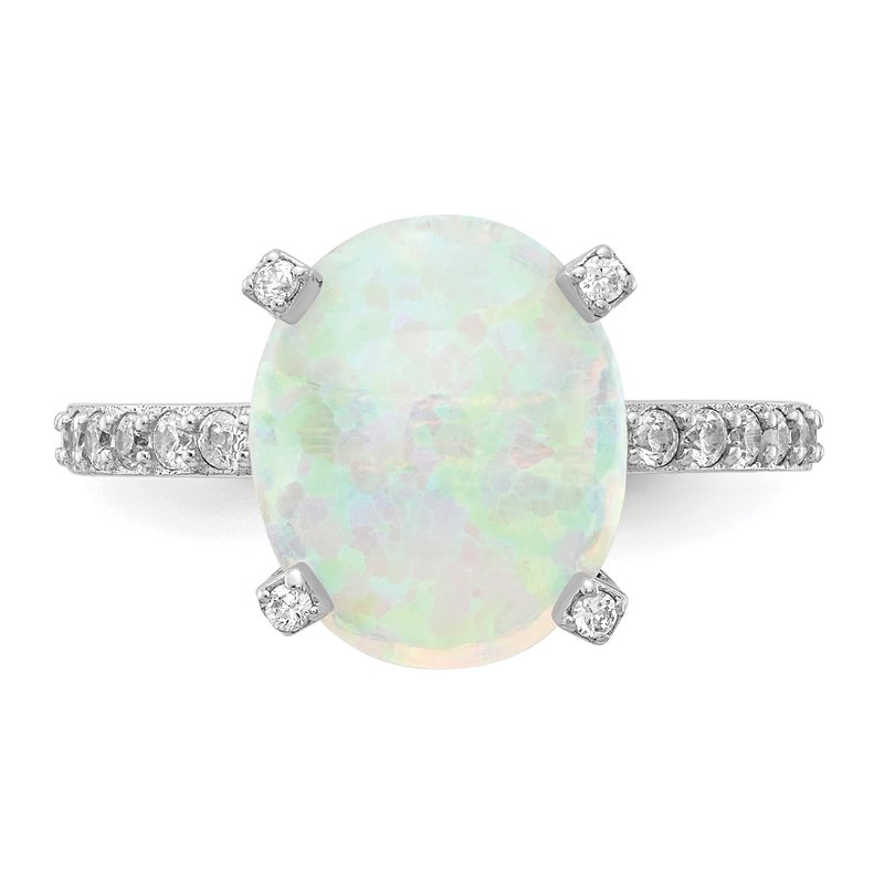 Sterling Silver Rhodium-plated Cabochon Lab Created Opal and Brilliant-cut CZ Oval with Side Stones Ring